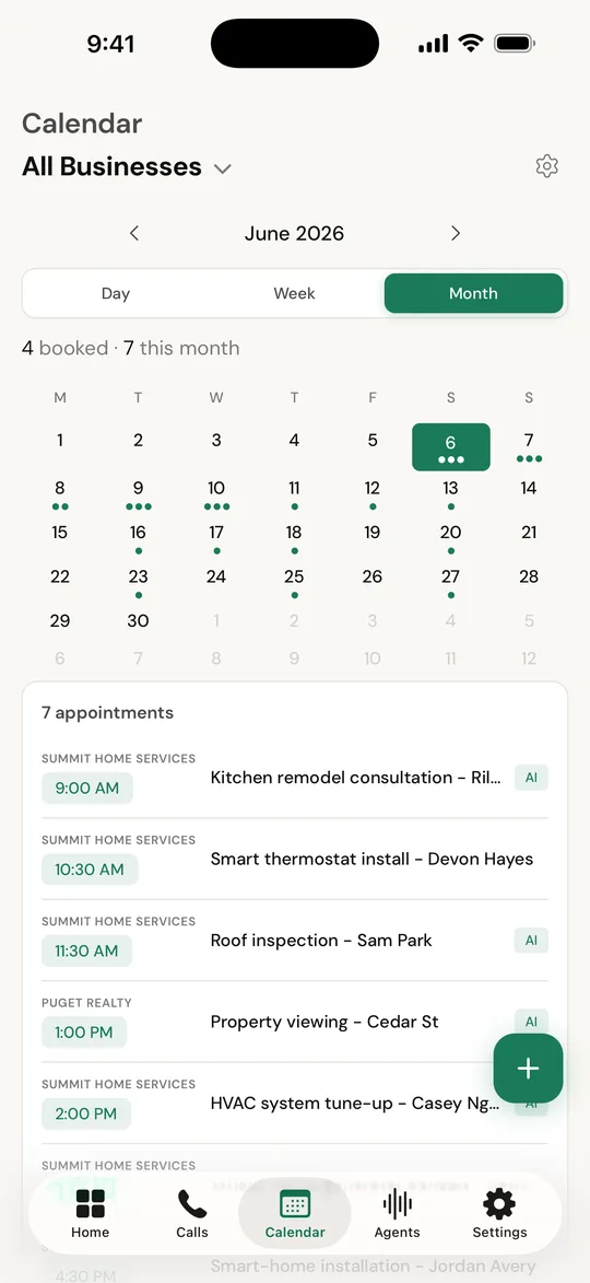Calendar with appointments booked by the AI agent