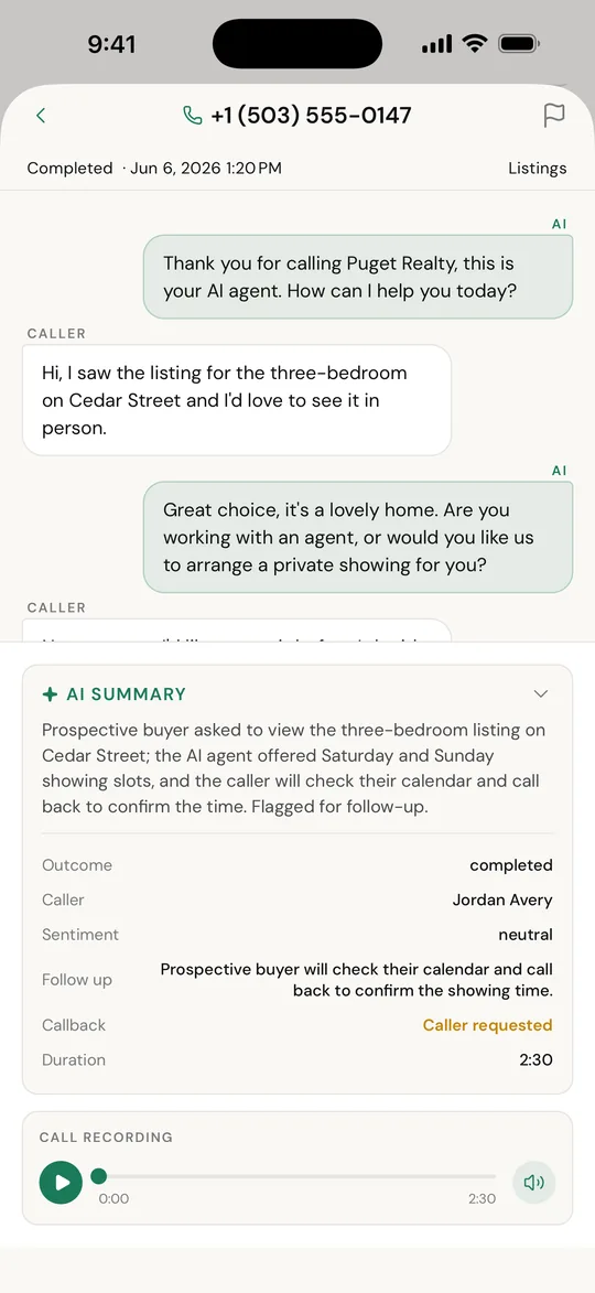 Call transcript with AI summary and call recording player